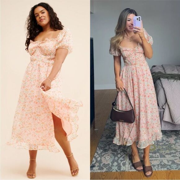 New Anthropologie ASTR The Label Lunaria Pleated Floral Orange Midi Dress - Picture 4 of 8